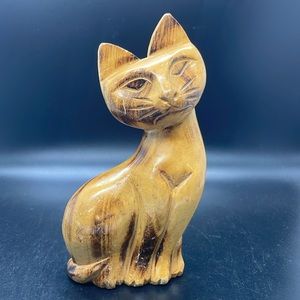 Vintage MCM 1960s Hand-Carved Wooden Cat Figurine
